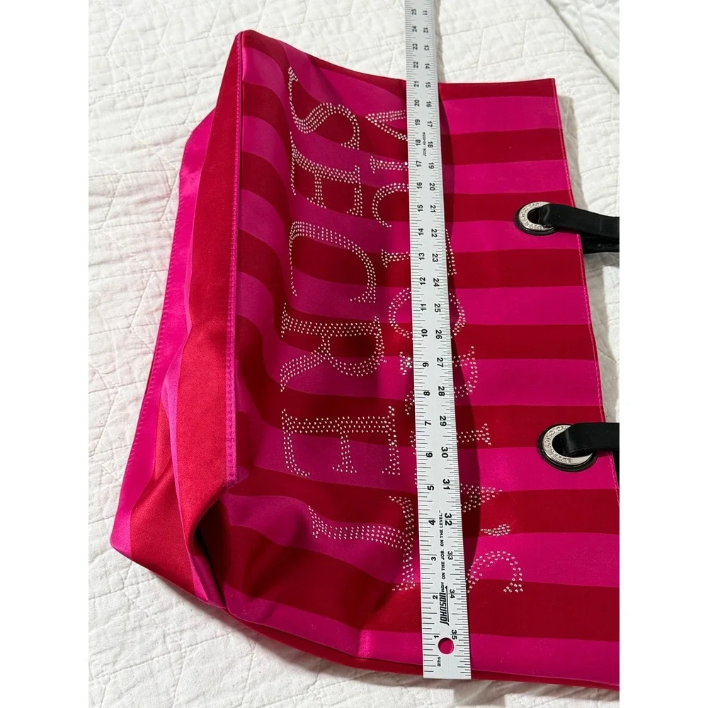 Victoria's Secret Pink Red Stripe Tote Bag Rhinestone Logo‎